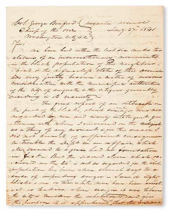 (SLAVERY AND ABOLITION--GEORGIA.) HARDING, CAPTAIN E. Autograph Letter Signed to Colonel George Bomford, Chief of the Ordnance, Washing